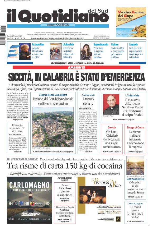 Prima Pagina Il Quotidiano del Sud (Cosenza) 27/07/2024