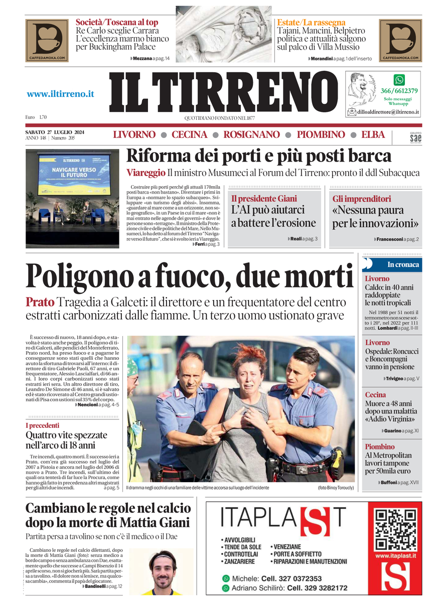 Prima Pagina Il Tirreno (Livorno, Cecina, Rosignano, Piombino, Elba) 27/07/2024