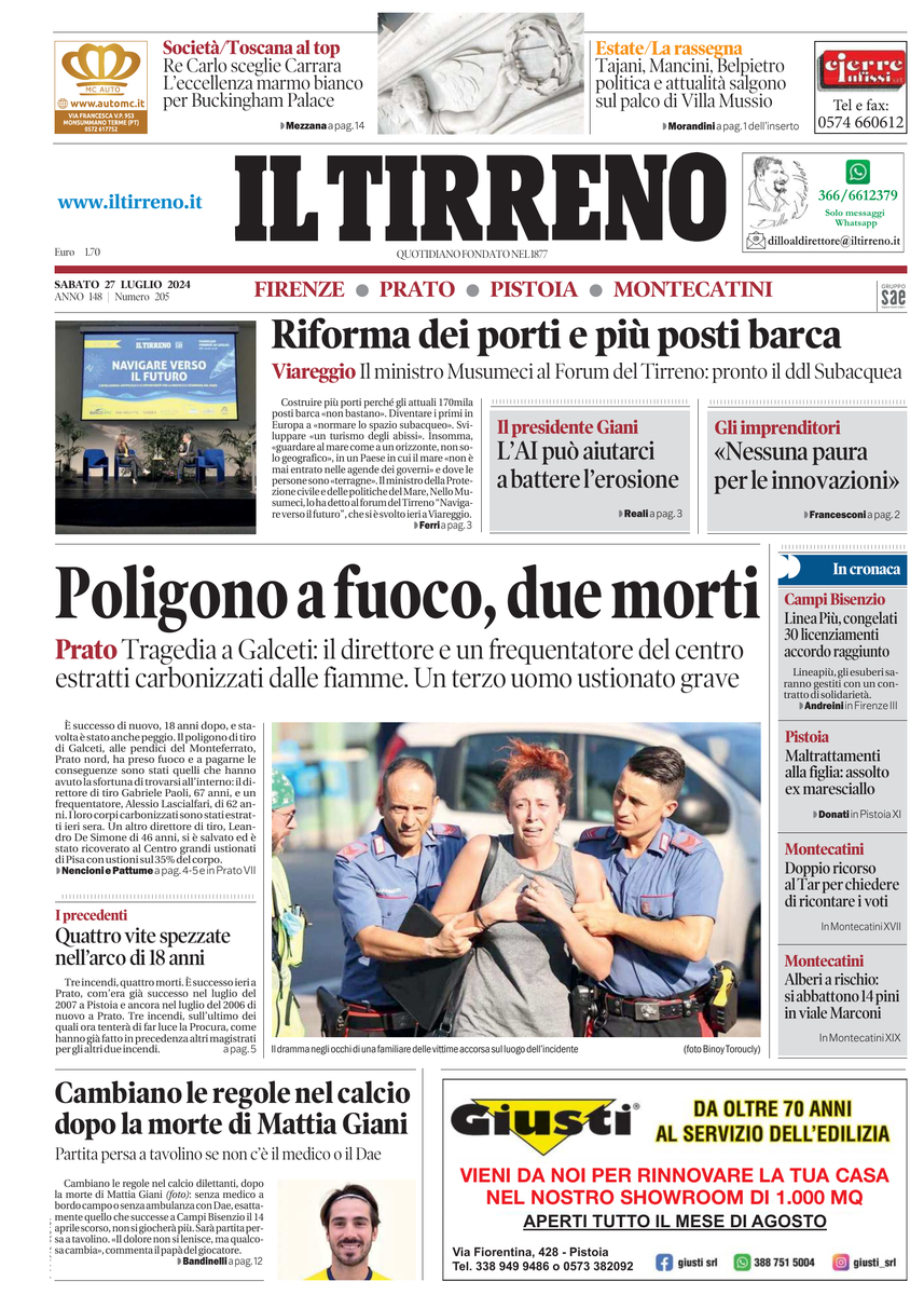 Prima Pagina Il Tirreno (Firenze, Prato, Pistoia, Montecatini) 27/07/2024