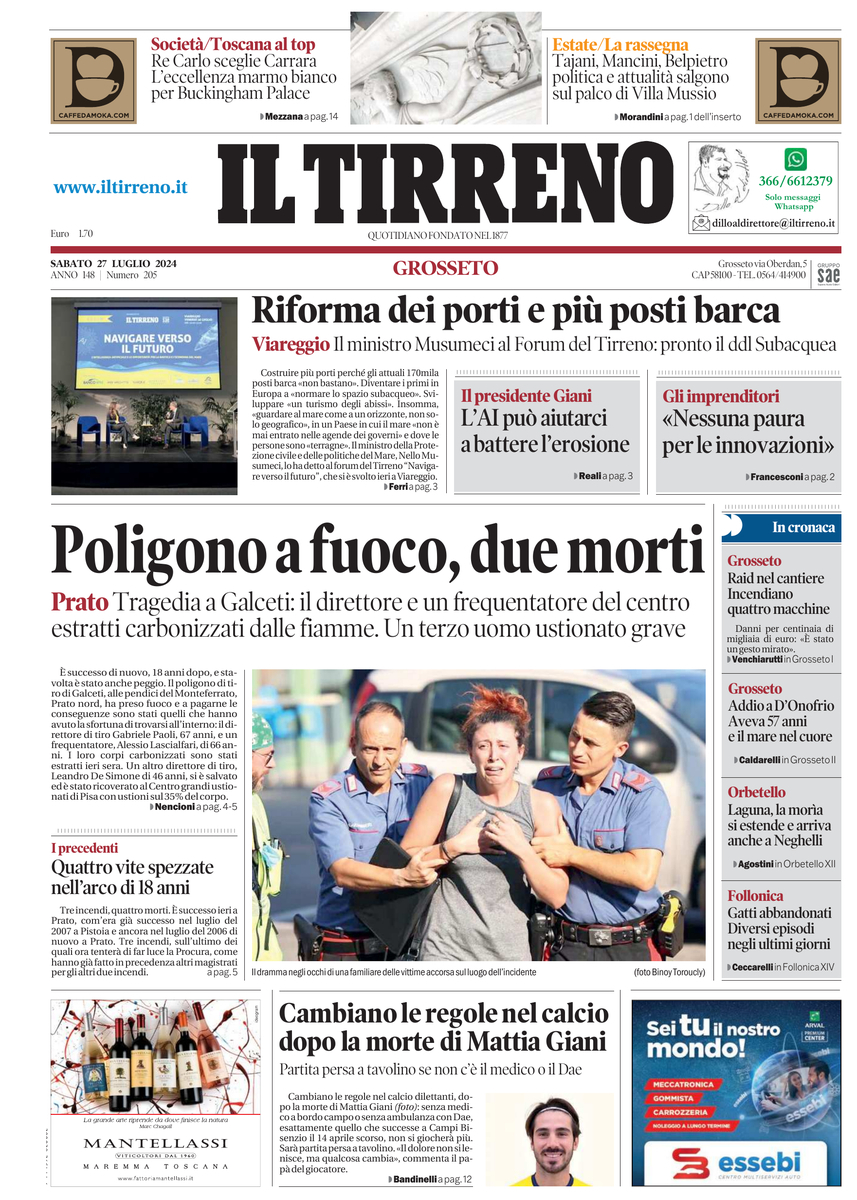 Prima Pagina Il Tirreno (Grosseto) 27/07/2024
