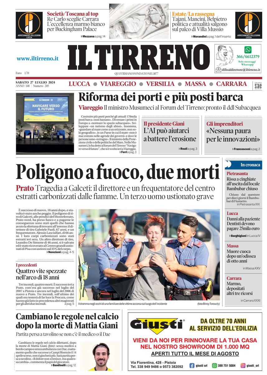 Prima Pagina Il Tirreno (Lucca, Viareggio, Versilia, Massa, Carrara) 27/07/2024