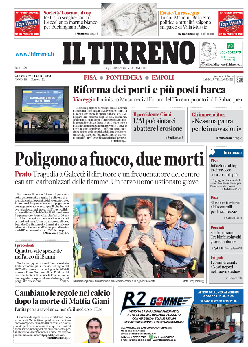 Prima Pagina Il Tirreno (Pisa, Pontedera) 27/07/2024