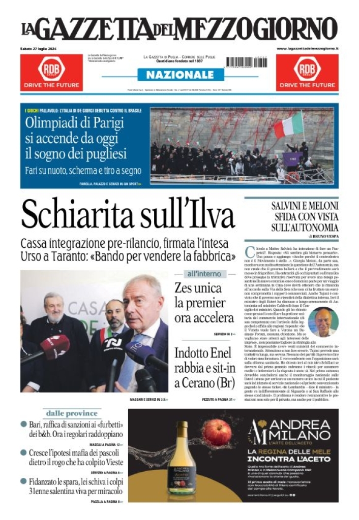 Prima Pagina La Gazzetta del Mezzogiorno (Bari) 27/07/2024