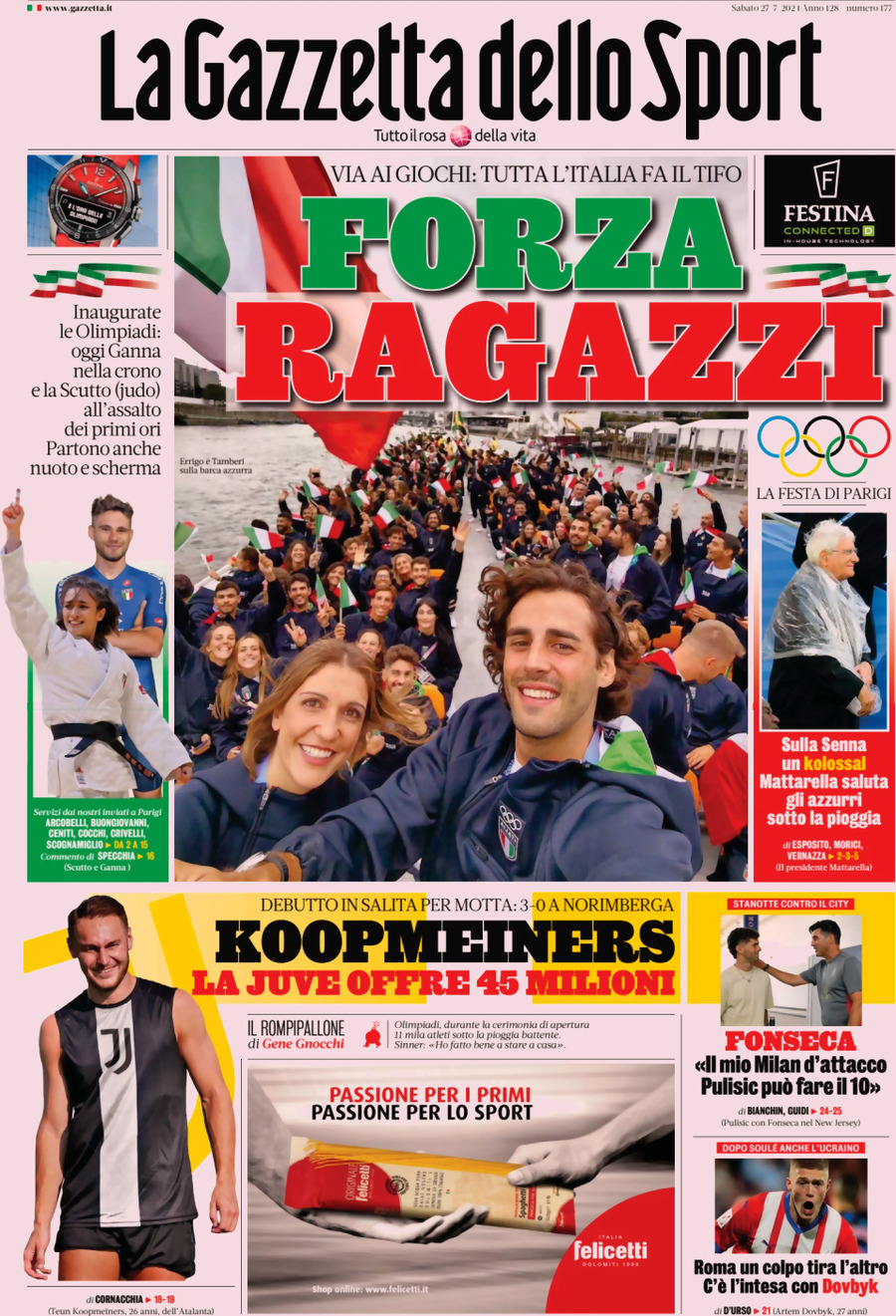 Prima Pagina La Gazzetta dello Sport 27/07/2024
