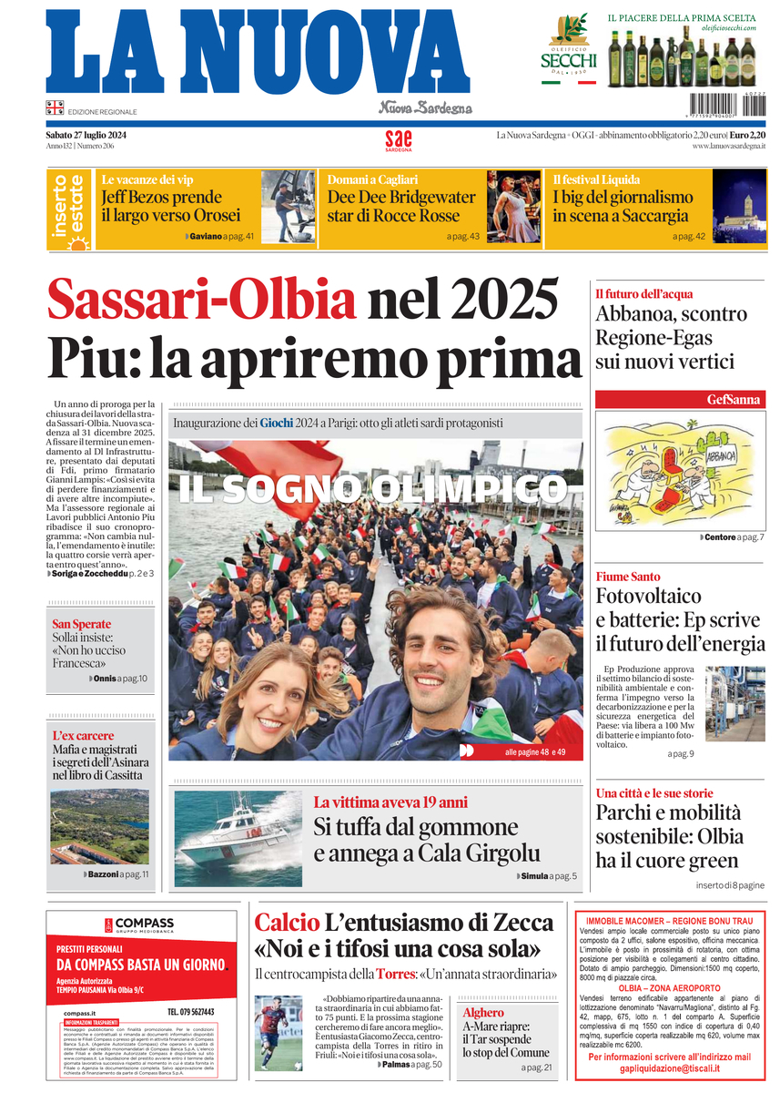 Prima Pagina La Nuova Sardegna 27/07/2024