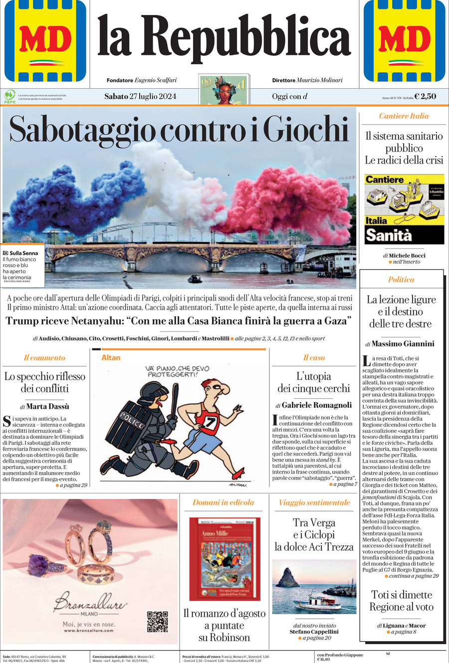 Prima Pagina La Repubblica 27/07/2024