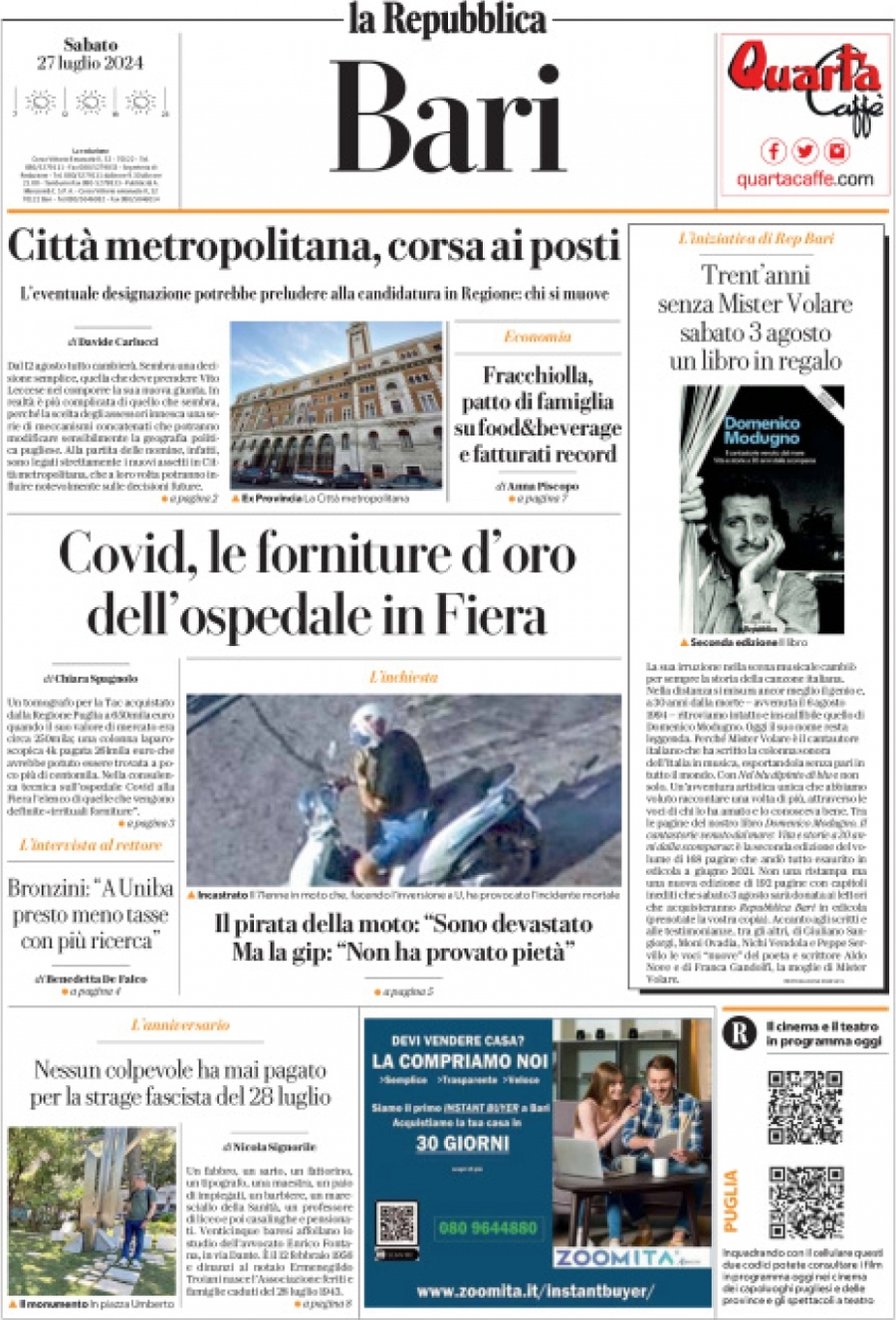 Prima Pagina La Repubblica (Bari) 27/07/2024