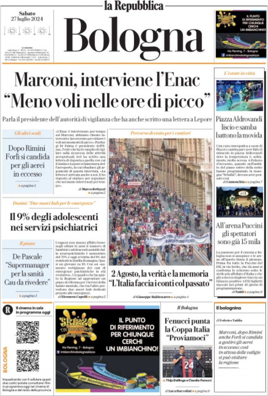 Prima Pagina La Repubblica (Bologna) 27/07/2024