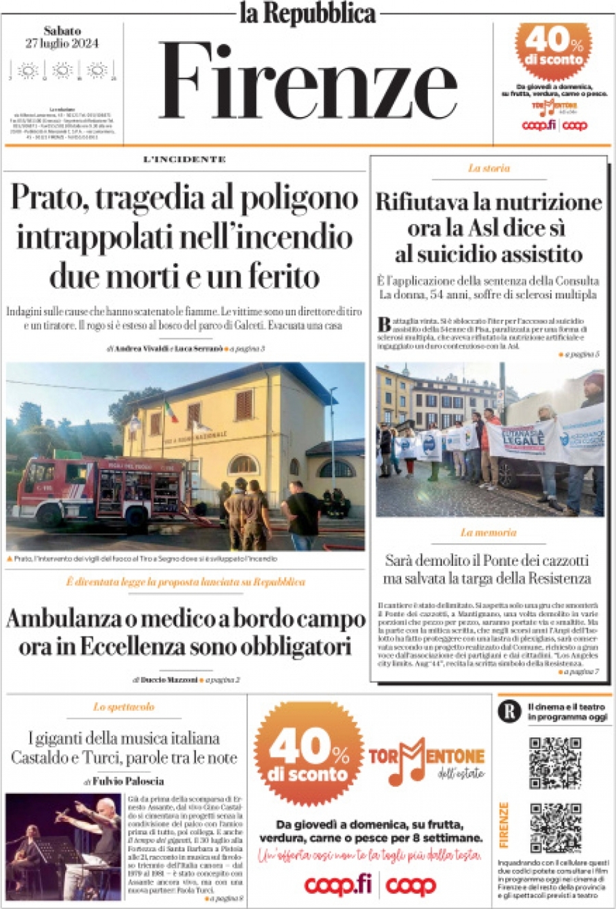 Prima Pagina La Repubblica (Firenze) 27/07/2024