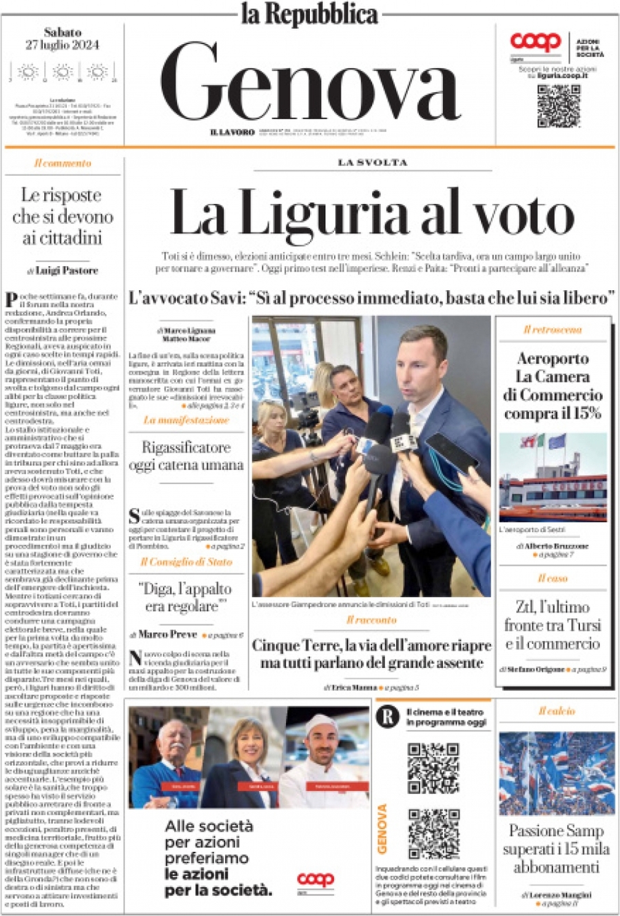 Prima Pagina La Repubblica (Genova) 27/07/2024