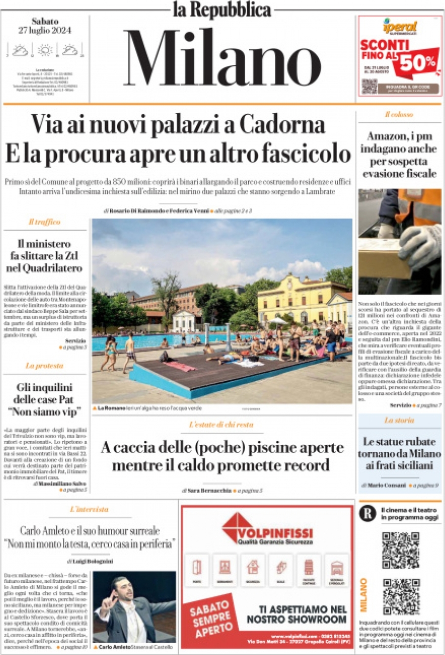 Prima Pagina La Repubblica (Milano) 27/07/2024