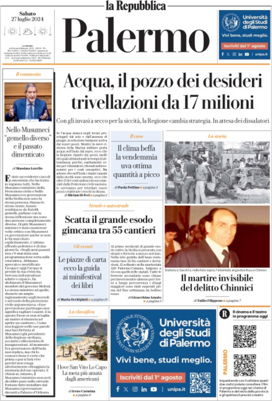 Prima Pagina La Repubblica (Palermo) 27/07/2024