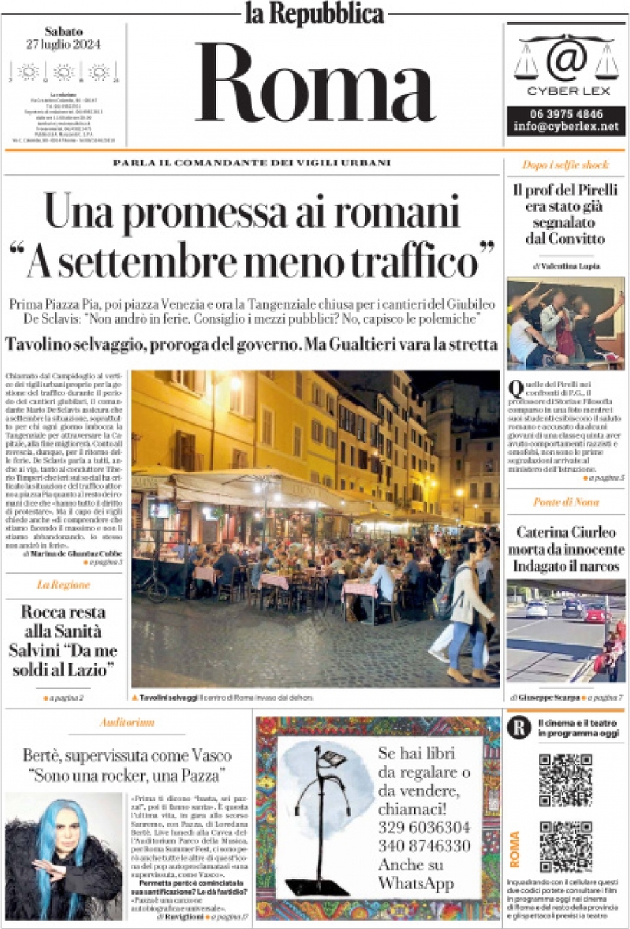 Prima Pagina La Repubblica (Roma) 27/07/2024