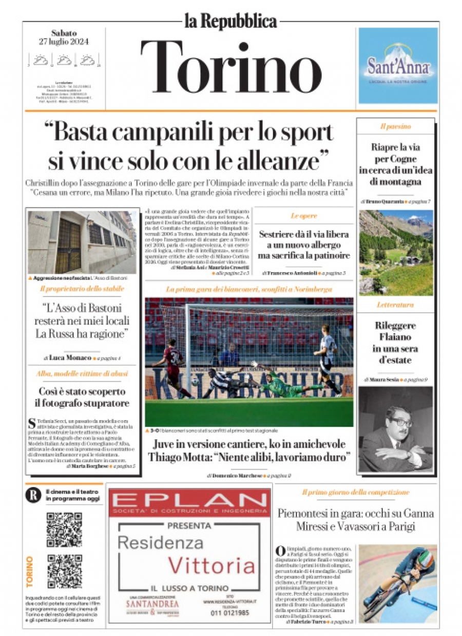Prima Pagina La Repubblica (Torino) 27/07/2024