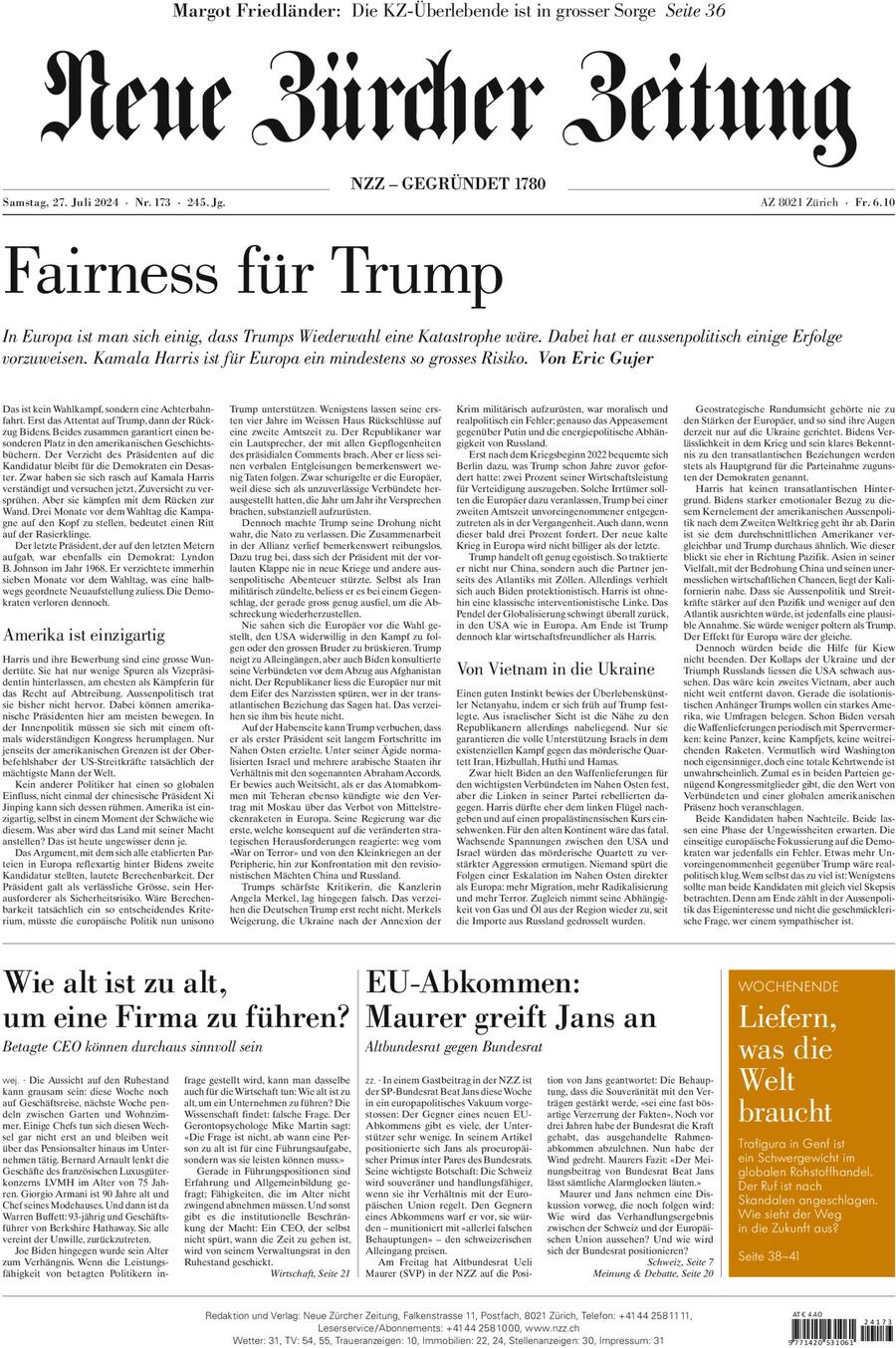 Prima Pagina NZZ (Neue Zürcher Zeitung) 27/07/2024