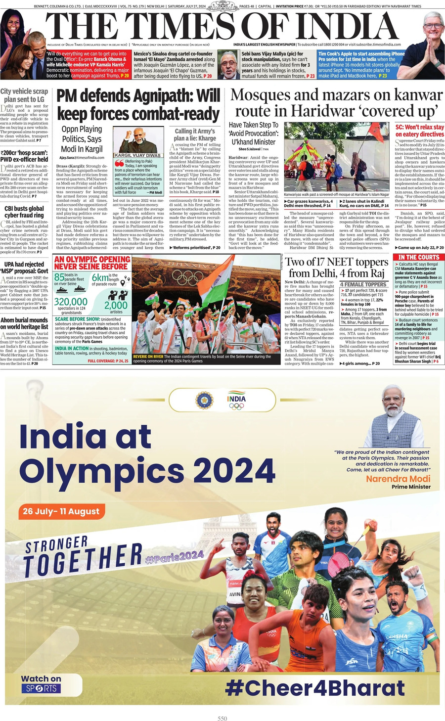 Prima Pagina The Times of India 27/07/2024