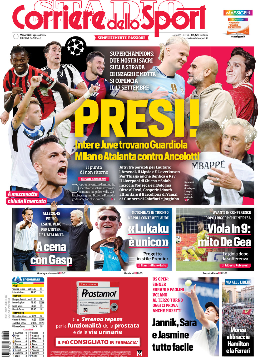 Prima Pagina Corriere dello Sport 30/08/2024