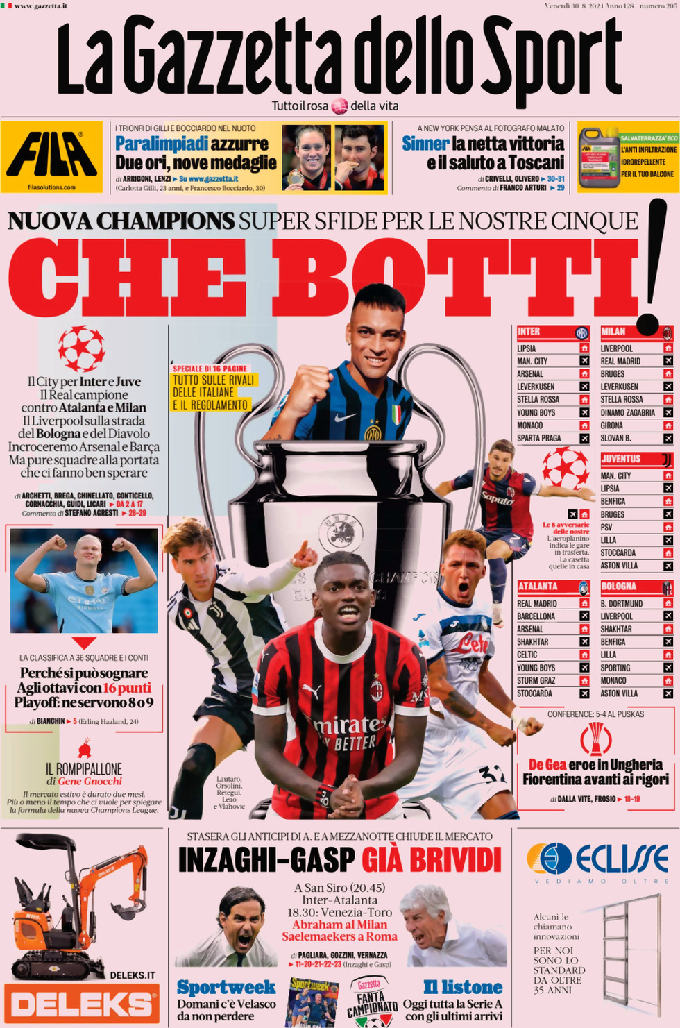 Prima Pagina La Gazzetta dello Sport 30/08/2024