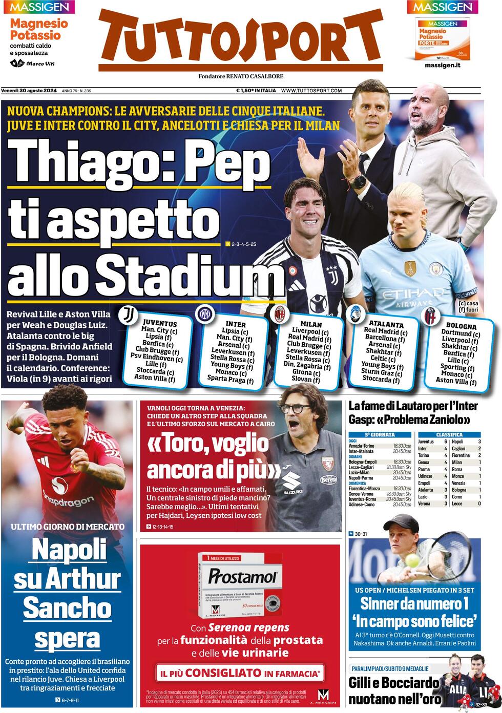 Prima Pagina Tuttosport 30/08/2024