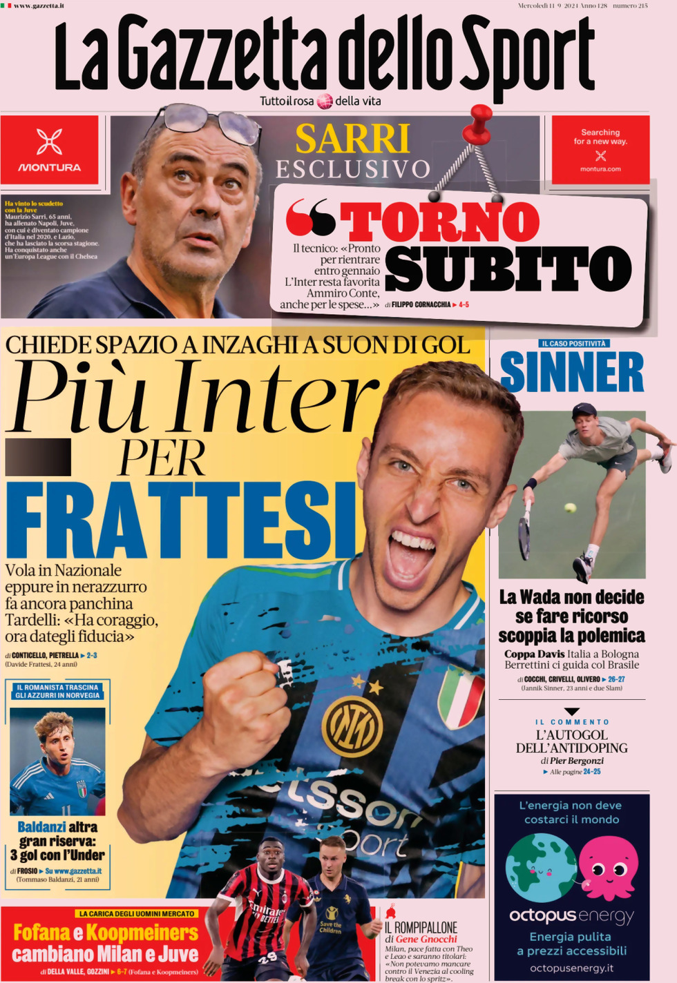 Prima Pagina La Gazzetta dello Sport 11/09/2024