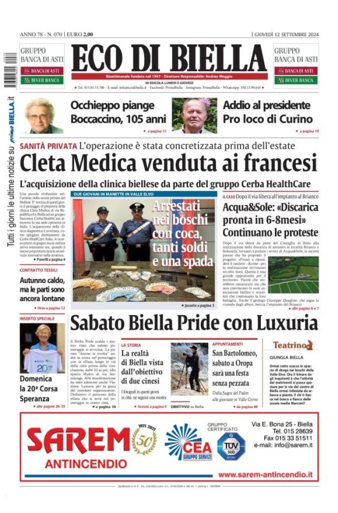 Prima Pagina Eco di Biella 12/09/2024