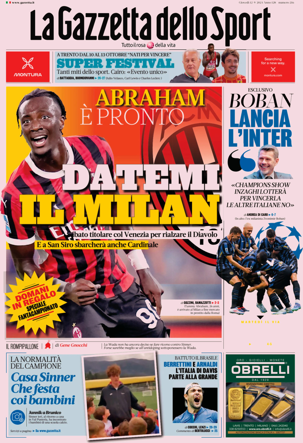 Prima Pagina La Gazzetta dello Sport 12/09/2024