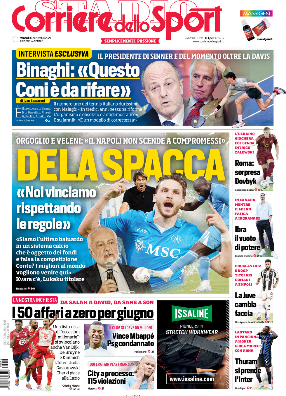 Prima Pagina Corriere dello Sport 13/09/2024