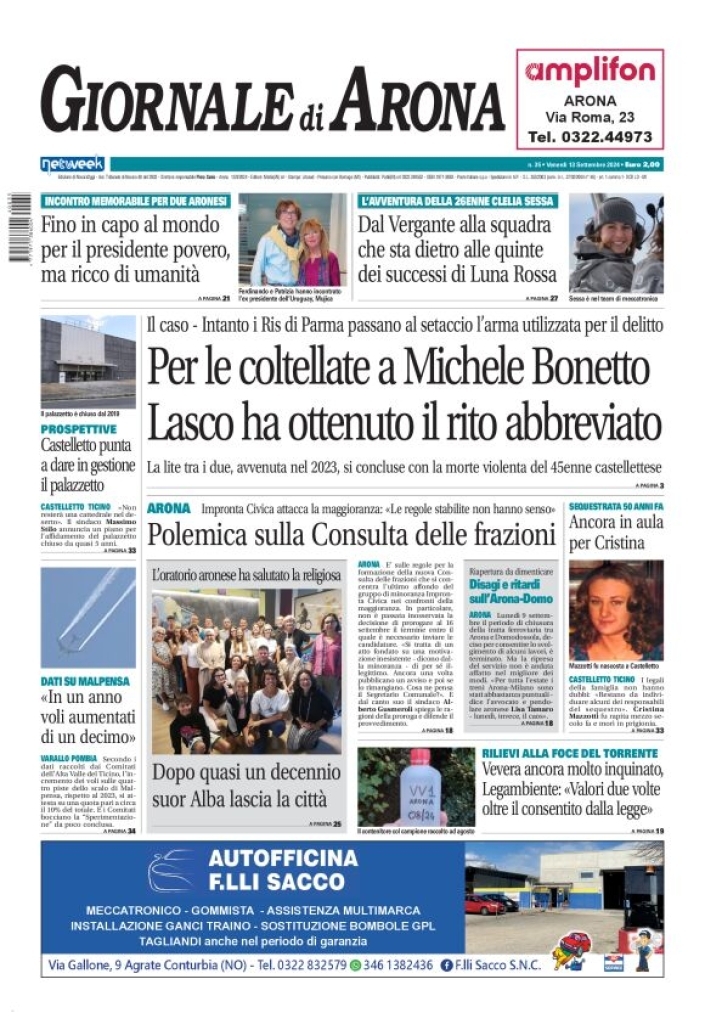 Copertina Giornale di Arona 13/09/2024