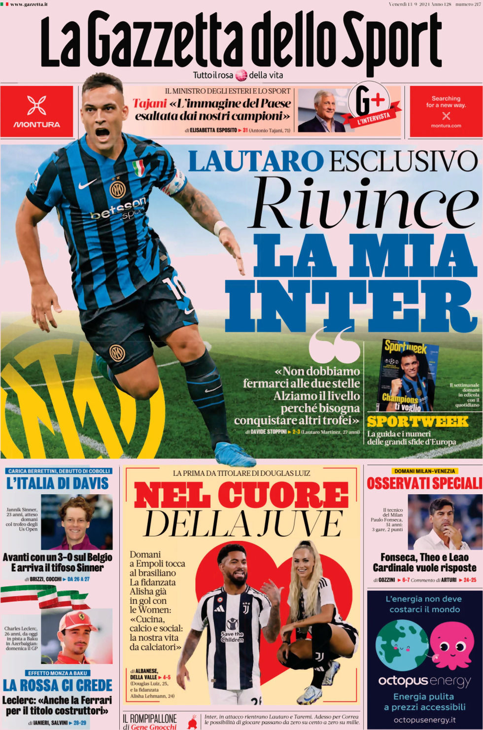 Prima Pagina La Gazzetta dello Sport 13/09/2024