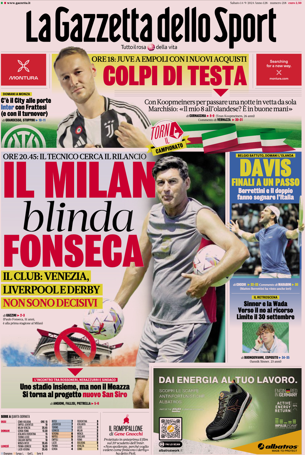 Prima Pagina La Gazzetta dello Sport 14/09/2024