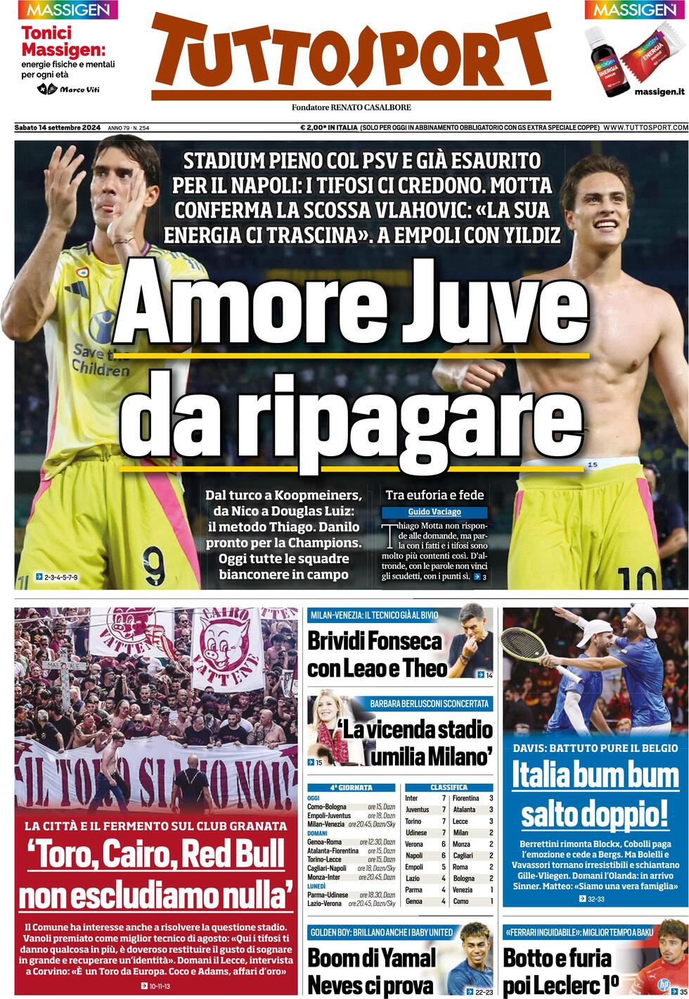 Prima Pagina Tuttosport 14/09/2024