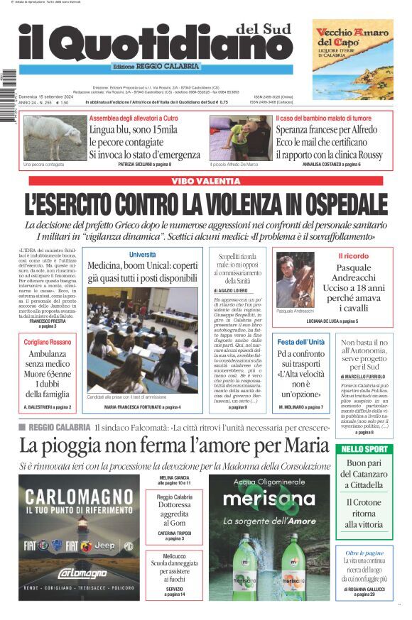 Prima Pagina Il Quotidiano del Sud (Reggio Calabria) 15/09/2024