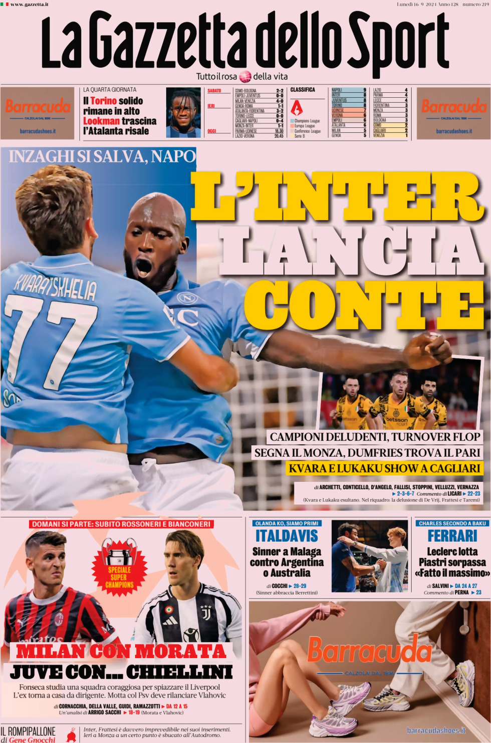 Prima Pagina La Gazzetta dello Sport 16/09/2024