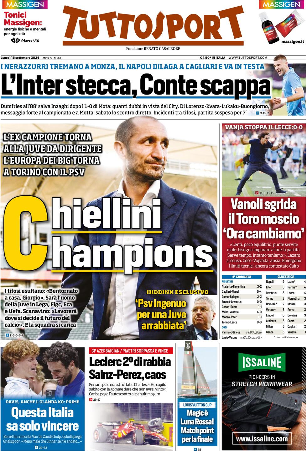 Prima Pagina Tuttosport 16/09/2024