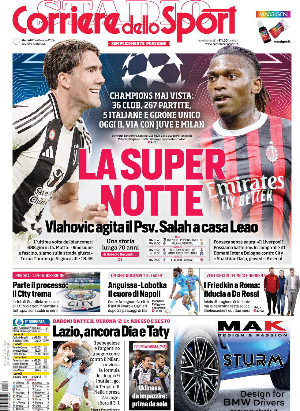 Prima Pagina Corriere dello Sport 17/09/2024