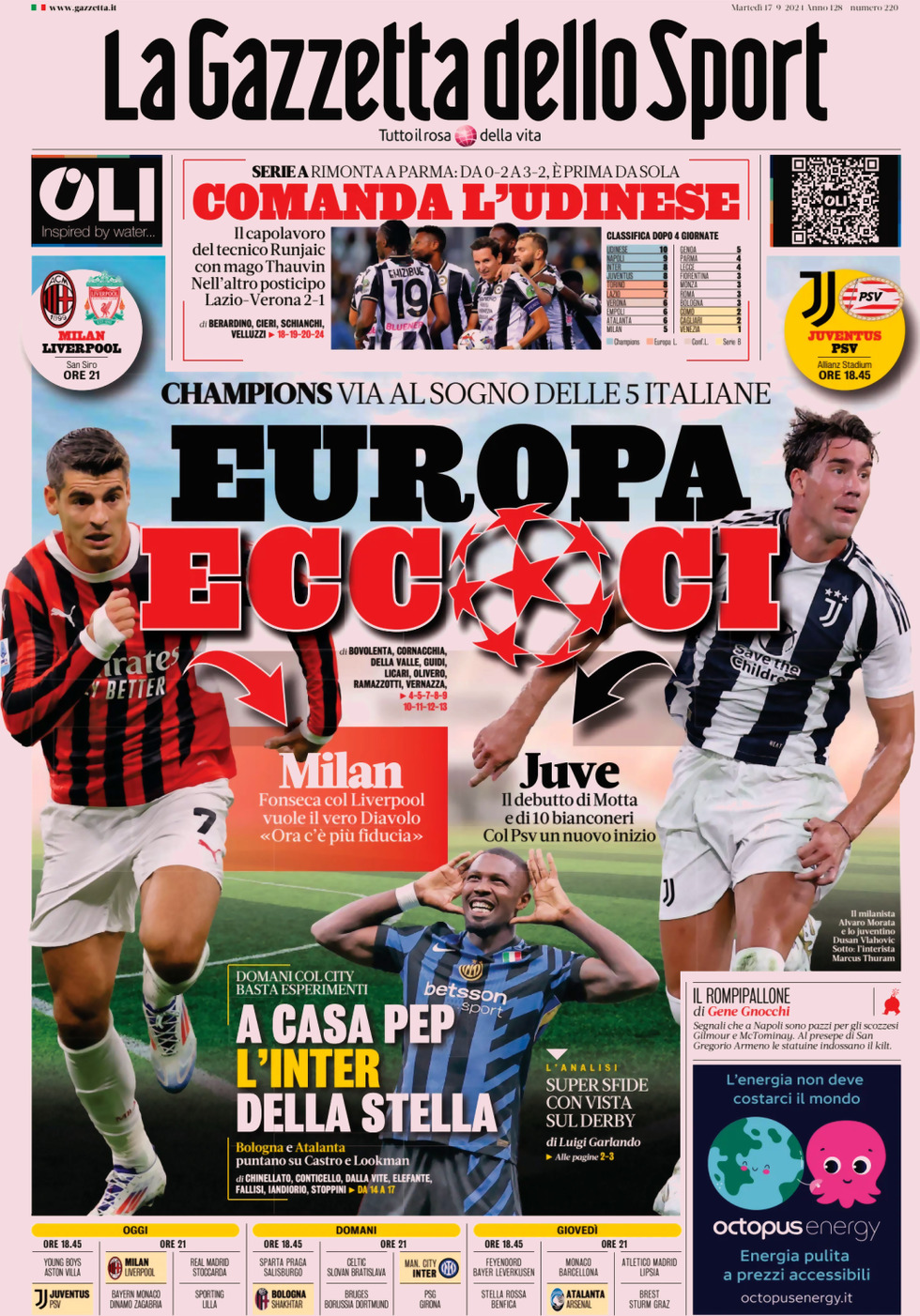 Prima Pagina La Gazzetta dello Sport 17/09/2024