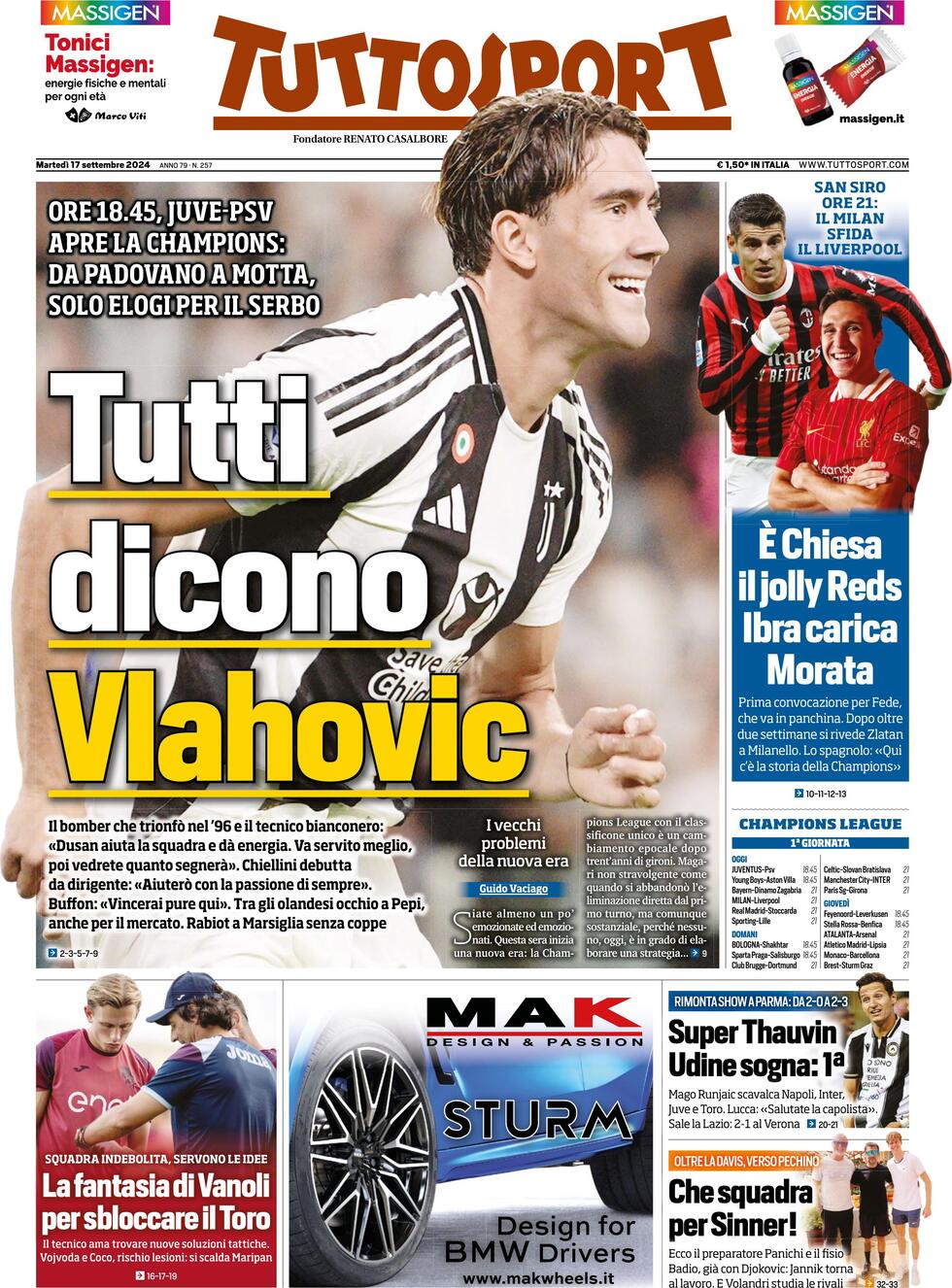 Prima Pagina Tuttosport 17/09/2024