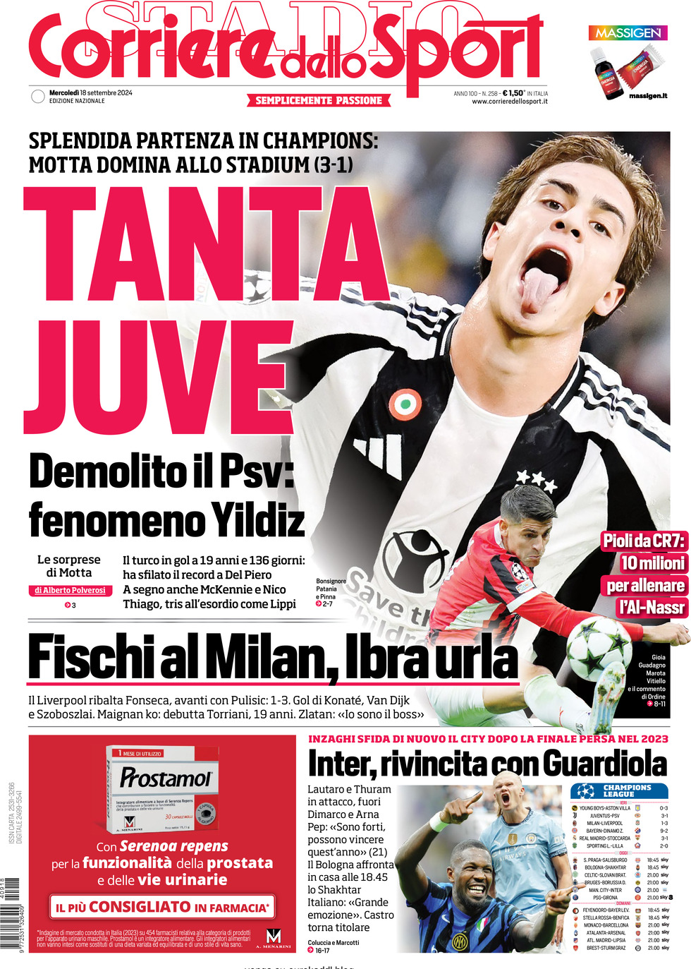 Prima Pagina Corriere dello Sport 18/09/2024