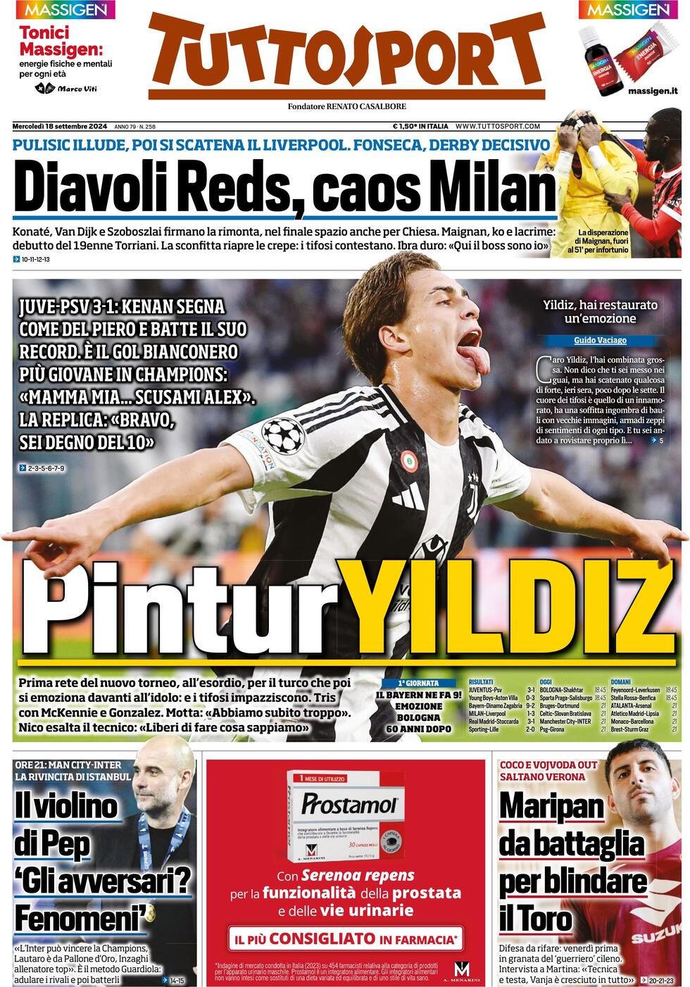 Prima Pagina Tuttosport 18/09/2024