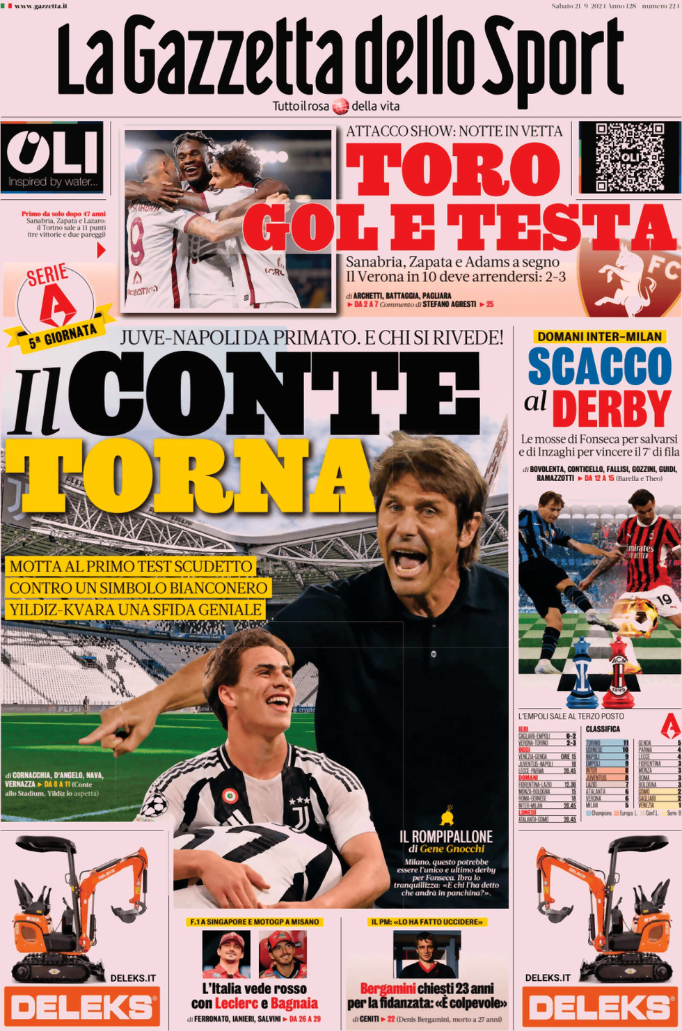 Prima Pagina La Gazzetta dello Sport 21/09/2024