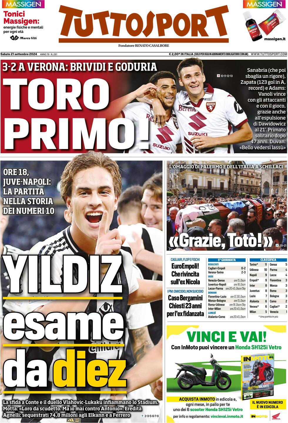 Prima Pagina Tuttosport 21/09/2024