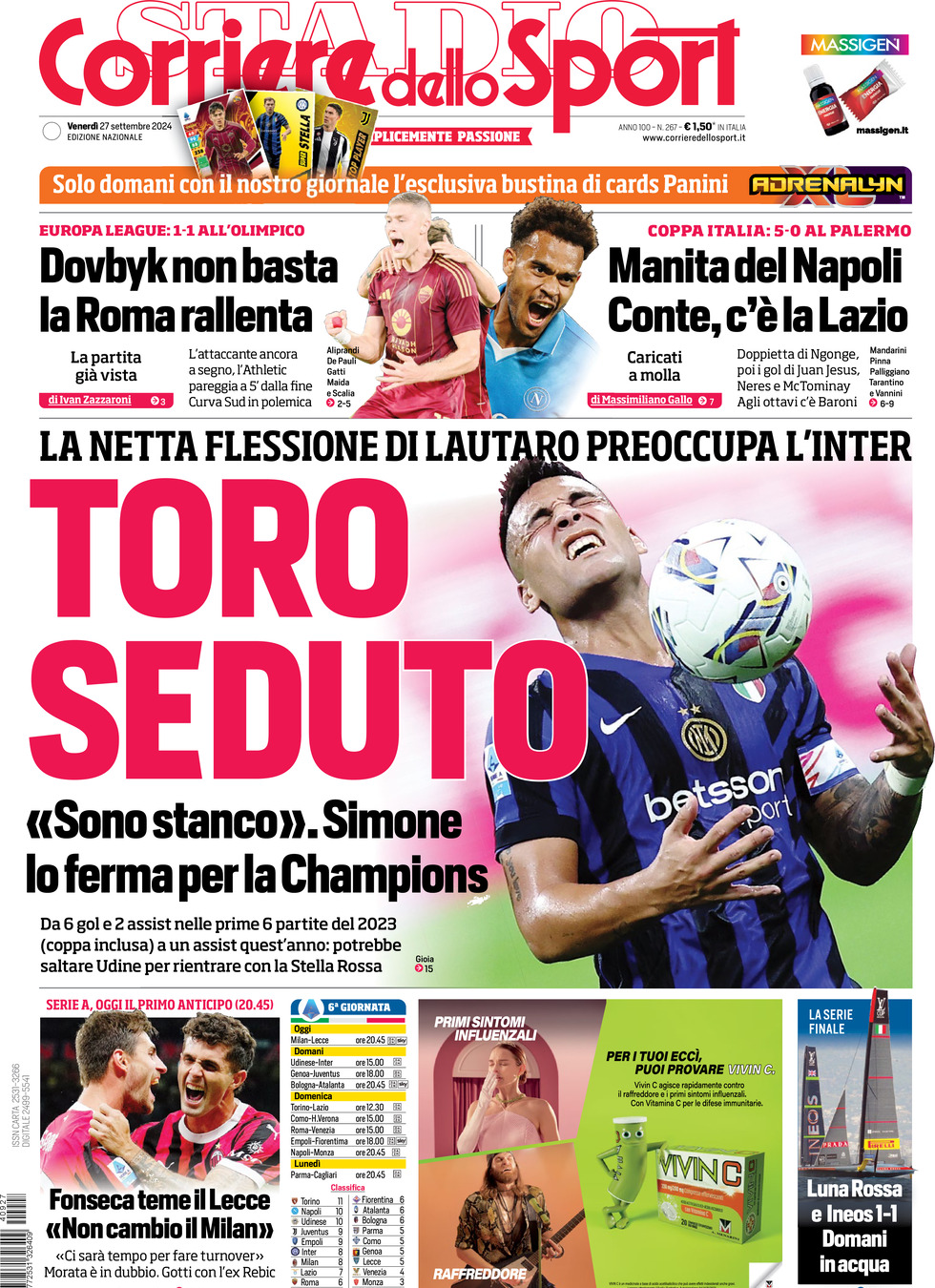 Prima Pagina Corriere dello Sport 27/09/2024