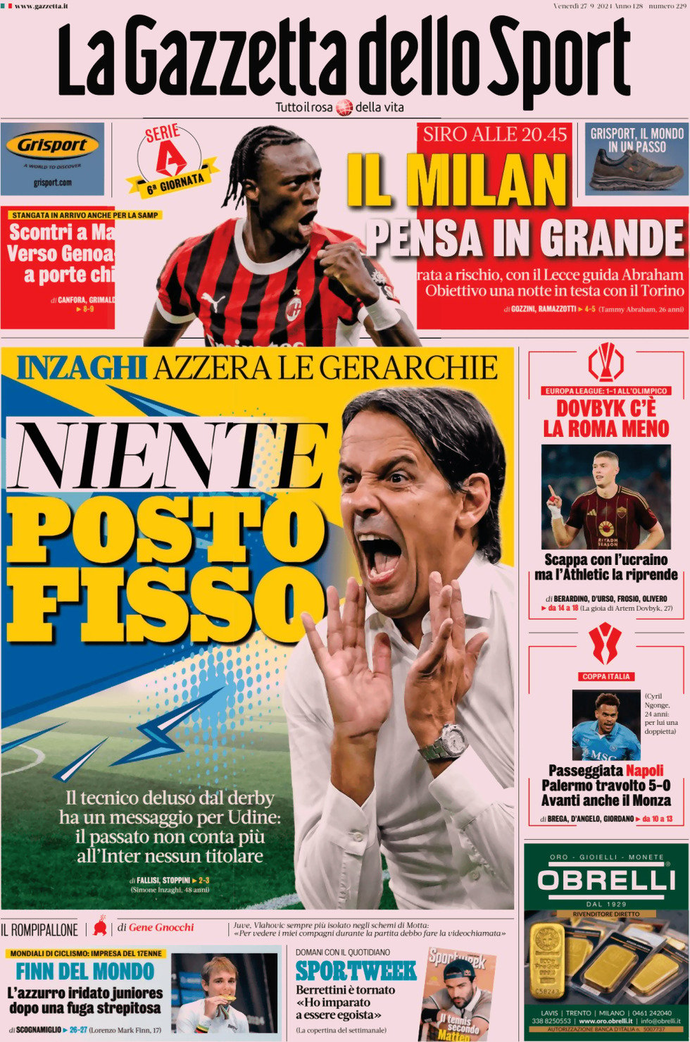 Prima Pagina La Gazzetta dello Sport 27/09/2024