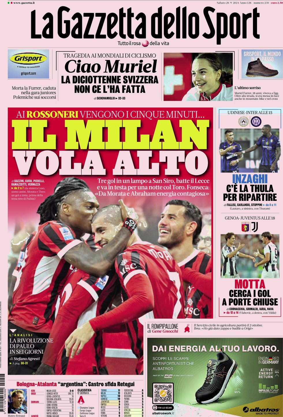 Prima Pagina La Gazzetta dello Sport 28/09/2024