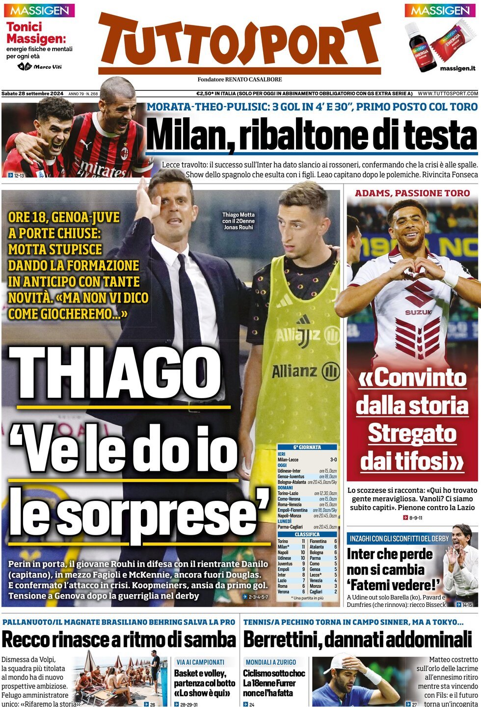 Prima Pagina Tuttosport 28/09/2024