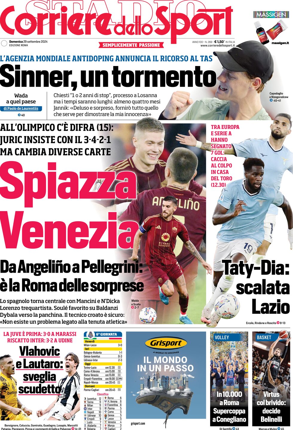 Prima Pagina Corriere dello Sport 29/09/2024