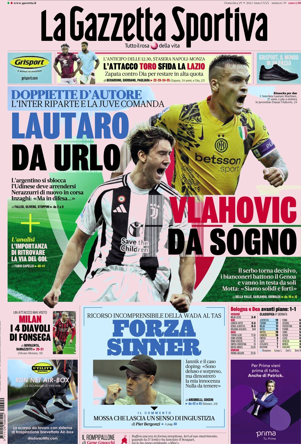 Prima Pagina La Gazzetta dello Sport 29/09/2024