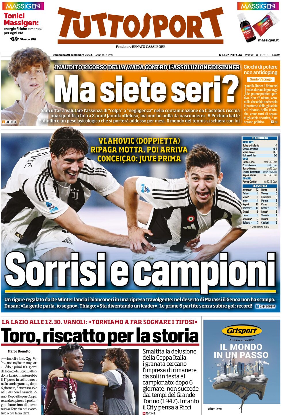 Prima Pagina Tuttosport 29/09/2024