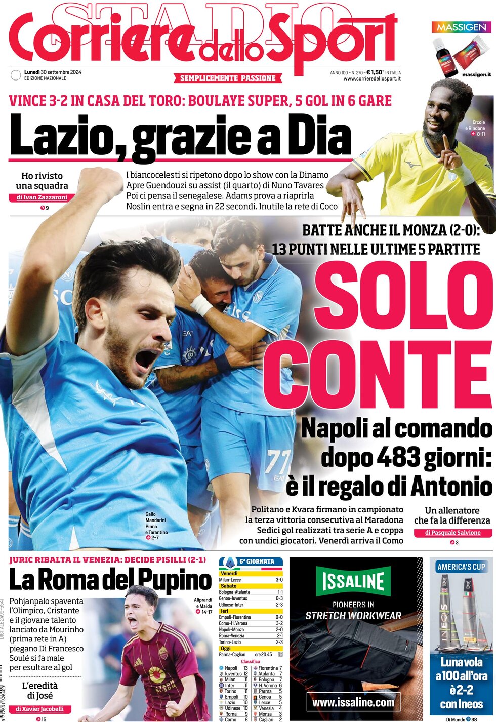 Prima Pagina Corriere dello Sport 30/09/2024