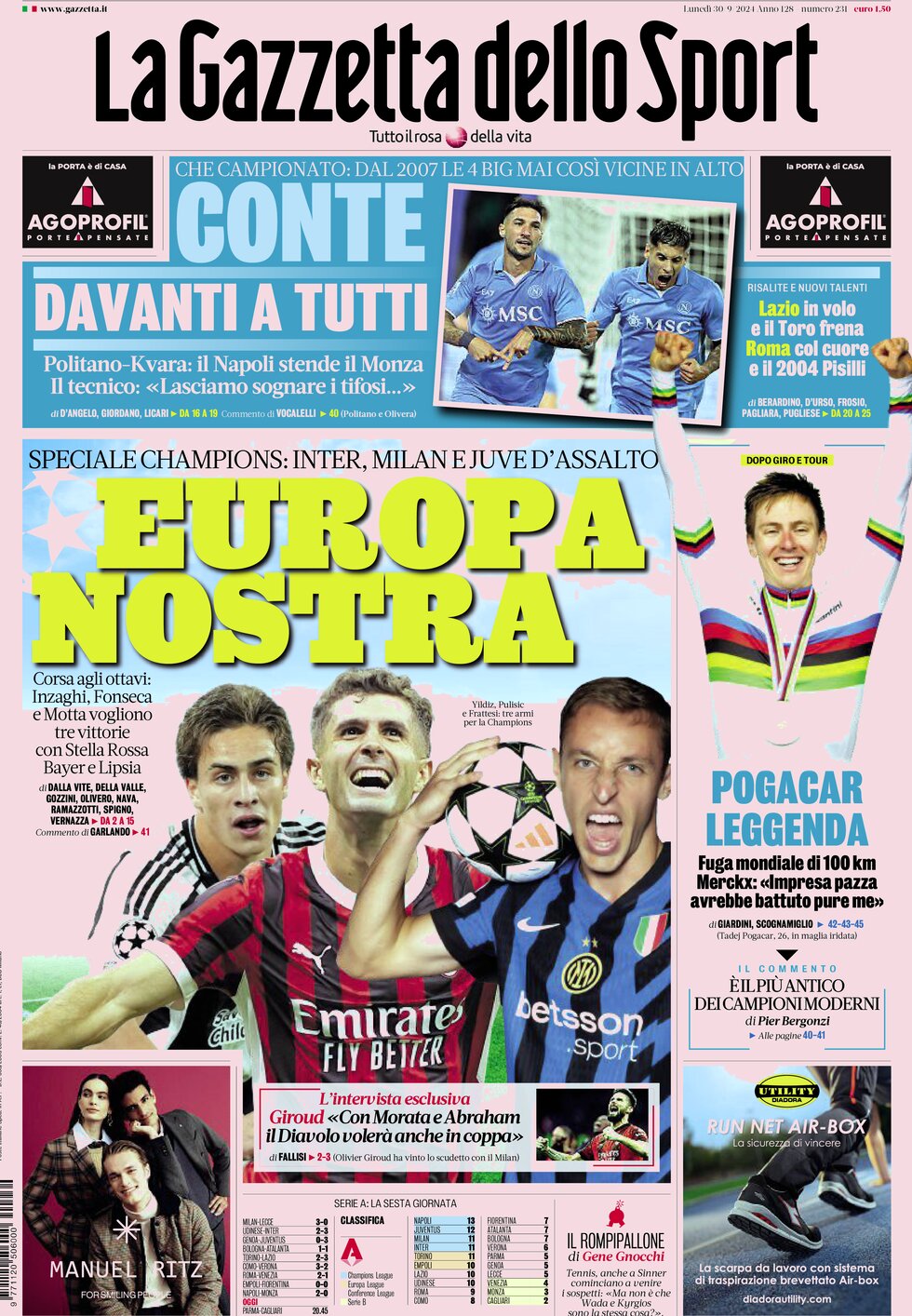 Prima Pagina La Gazzetta dello Sport 30/09/2024